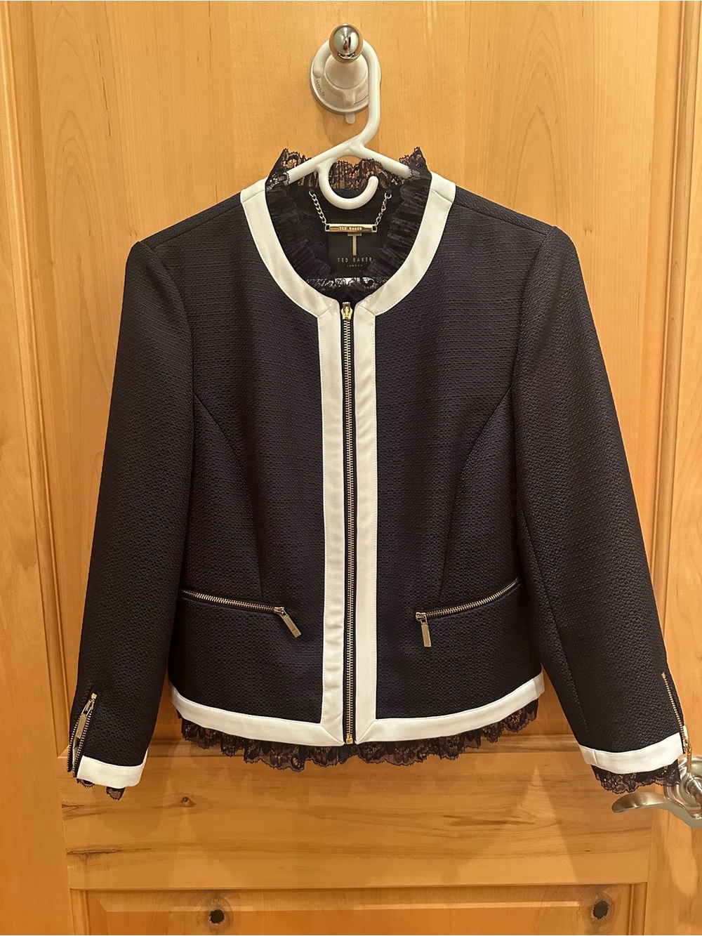 Ted Baker Navy Jacket with White Trim and Lace Hem